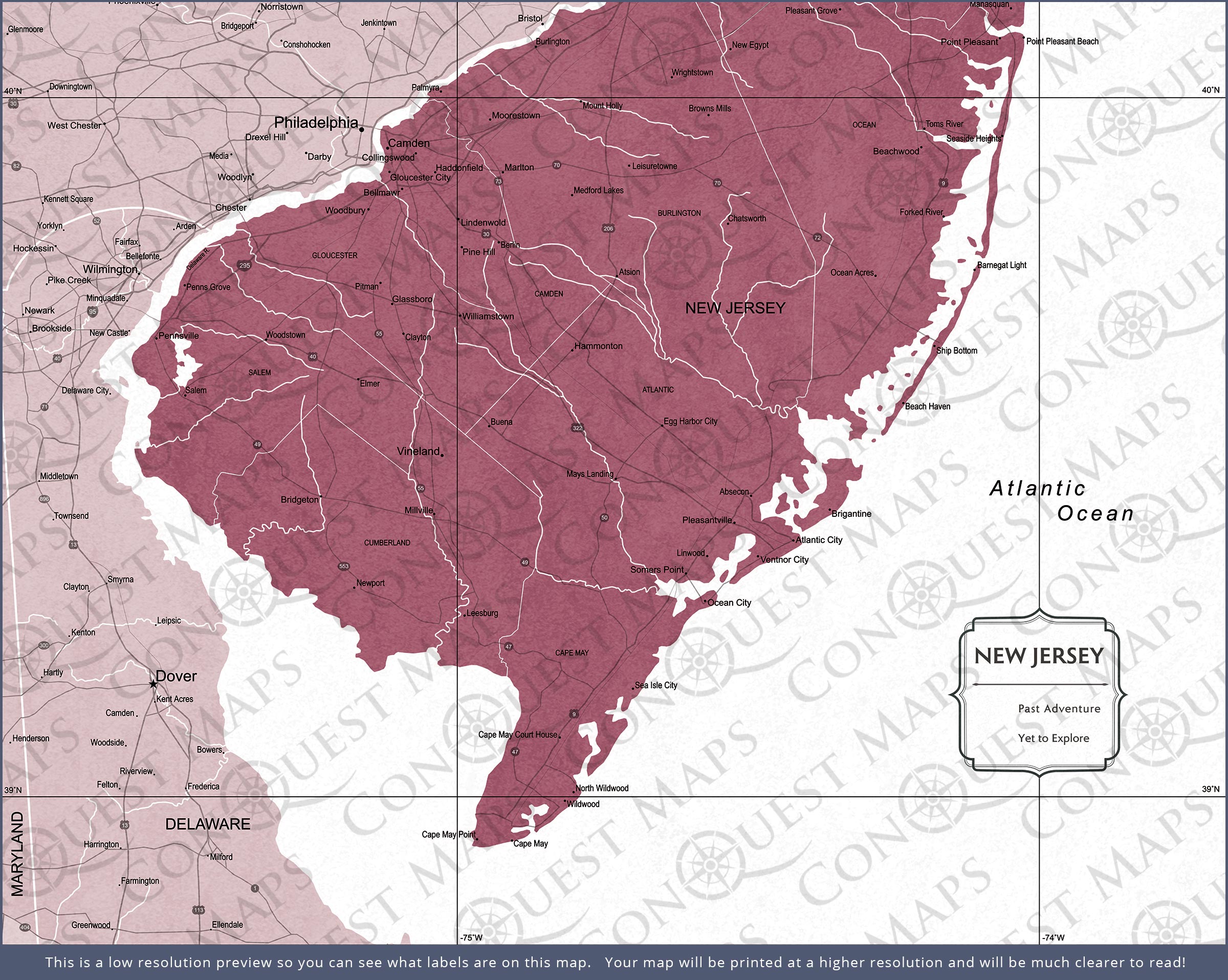 New Jersey Map Poster - Burgundy Color Splash CM Poster