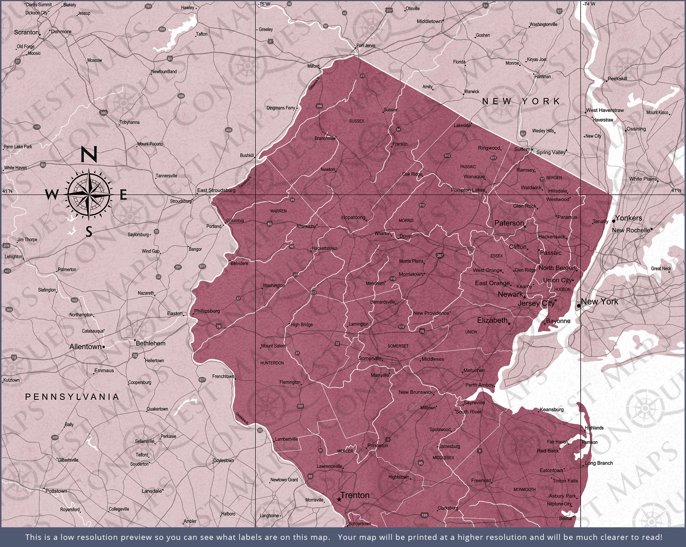 New Jersey Map Poster - Burgundy Color Splash CM Poster