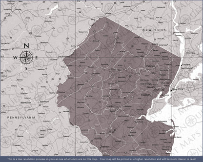 New Jersey Map Poster - Dark Brown Color Splash CM Poster