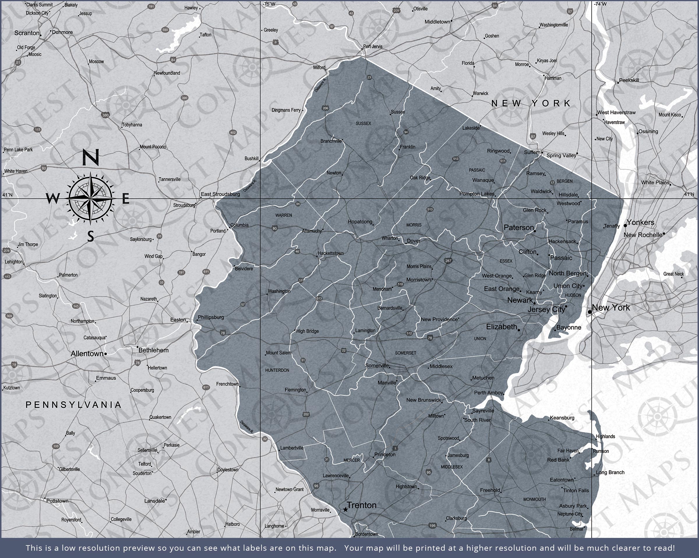 New Jersey Map Poster - Dark Gray Color Splash CM Poster