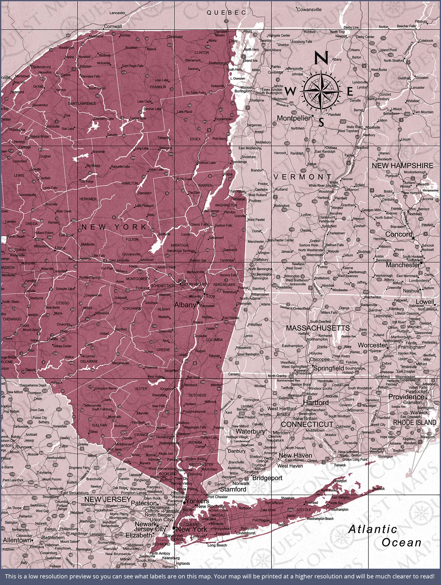 New York Map Poster - Burgundy Color Splash CM Poster