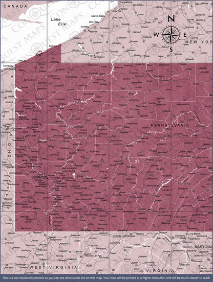 Push Pin Pennsylvania Map (Pin Board) - Burgundy Color Splash CM Pin Board