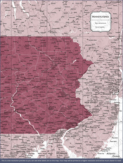 Push Pin Pennsylvania Map (Pin Board) - Burgundy Color Splash CM Pin Board