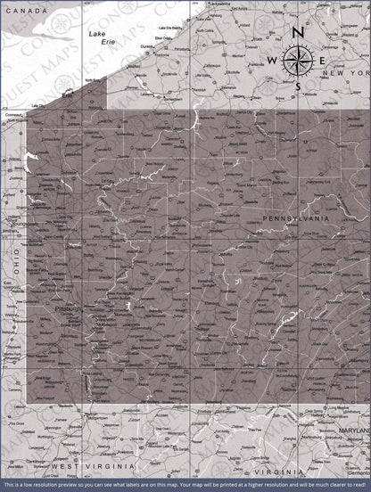 Pennsylvania Map Poster - Dark Brown Color Splash CM Poster