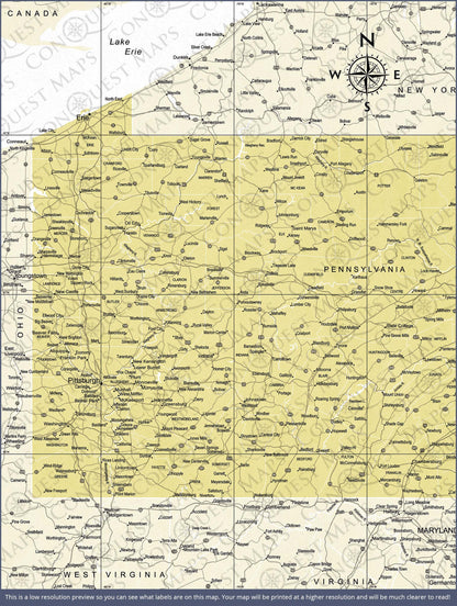 Push Pin Pennsylvania Map (Pin Board) - Yellow Color Splash CM Pin Board