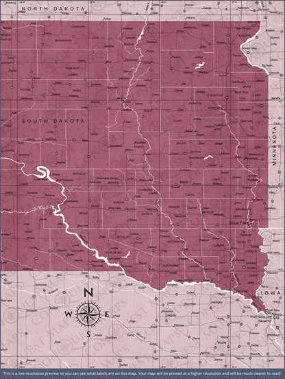 South Dakota Map Poster - Burgundy Color Splash CM Poster