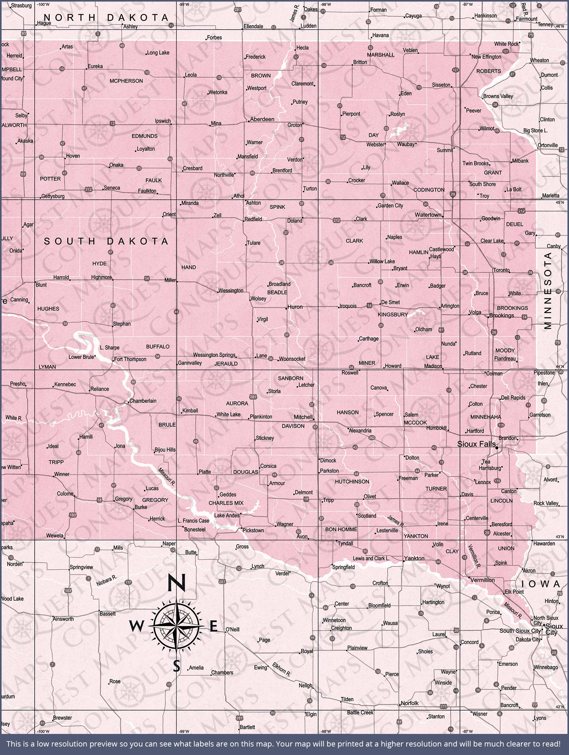 South Dakota Map Poster - Pink Color Splash CM Poster