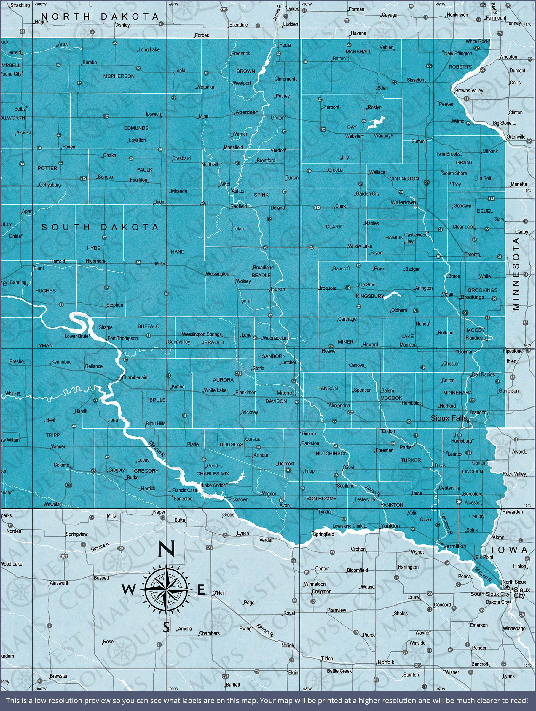 South Dakota Map Poster - Teal Color Splash CM Poster