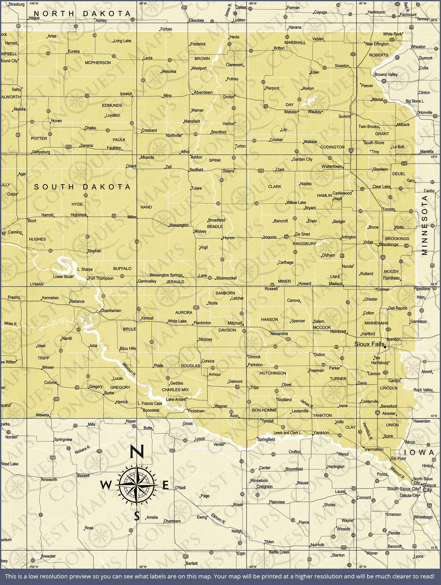 South Dakota Map Poster - Yellow Color Splash CM Poster