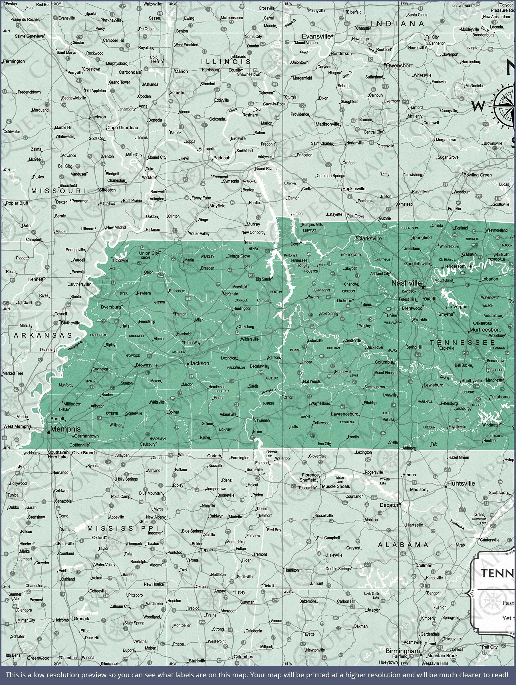 Push Pin Tennessee Map (Pin Board) - Green Color Splash CM Pin Board