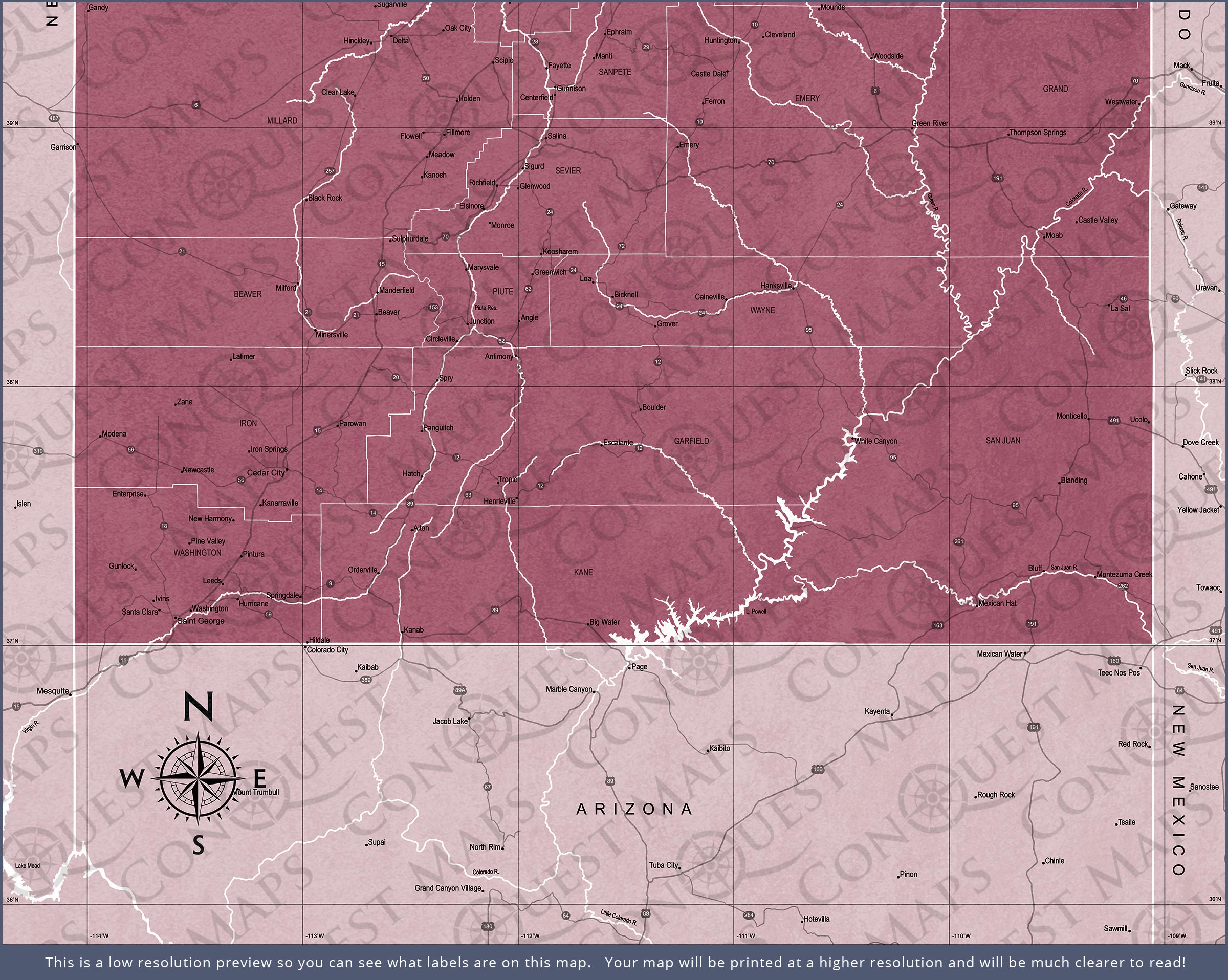 Push Pin Utah Map (Pin Board) - Burgundy Color Splash CM Pin Board