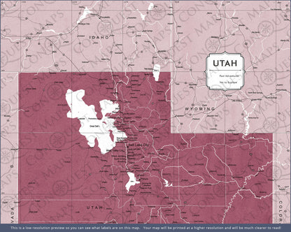 Utah Map Poster - Burgundy Color Splash CM Poster