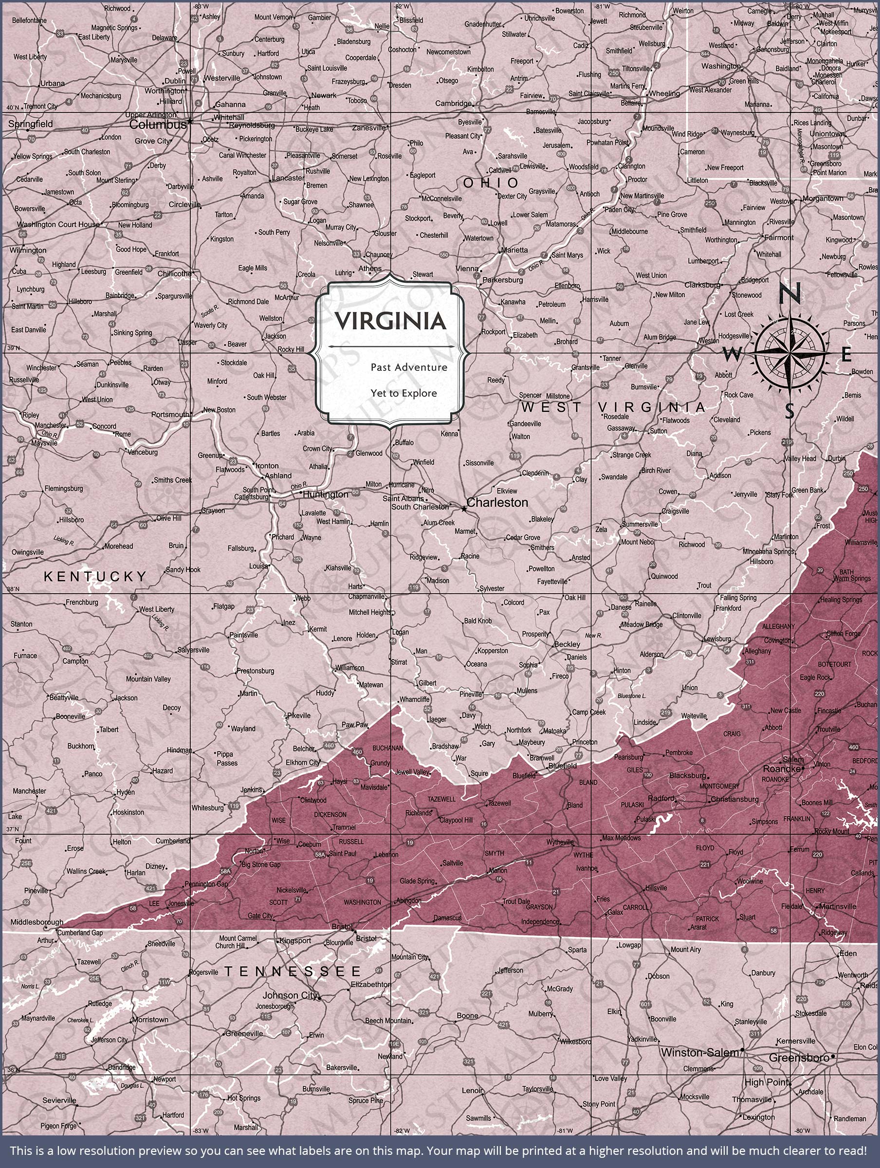 Push Pin Virginia Map (Pin Board) - Burgundy Color Splash CM Pin Board