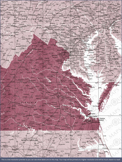 Push Pin Virginia Map (Pin Board) - Burgundy Color Splash CM Pin Board