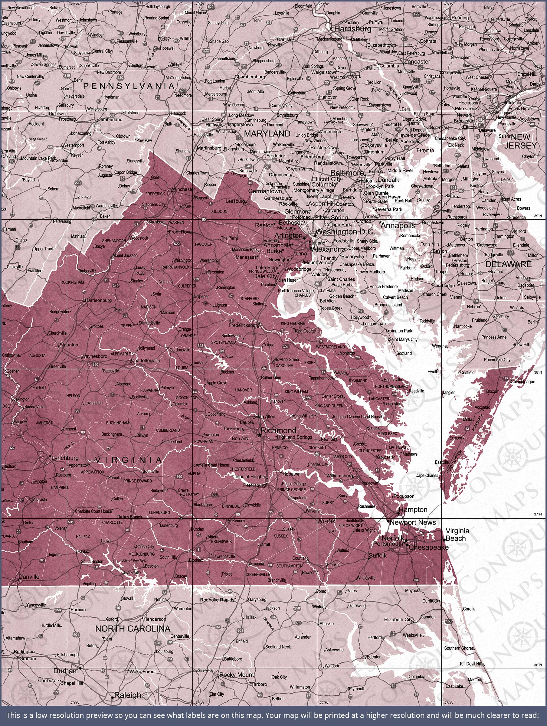 Virginia Map Poster - Burgundy Color Splash CM Poster