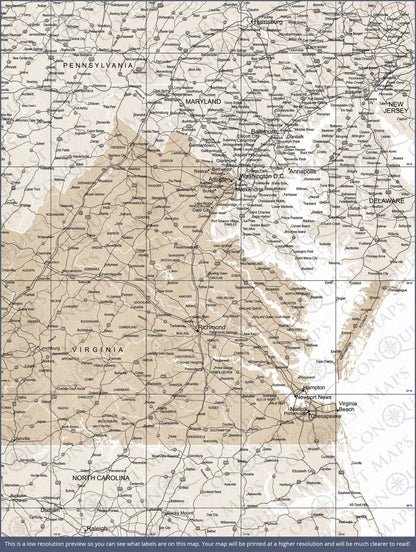 Virginia Map Poster - Light Brown Color Splash CM Poster