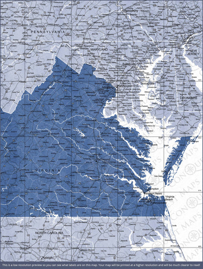 Push Pin Virginia Map (Pin Board) - Navy Color Splash CM Pin Board