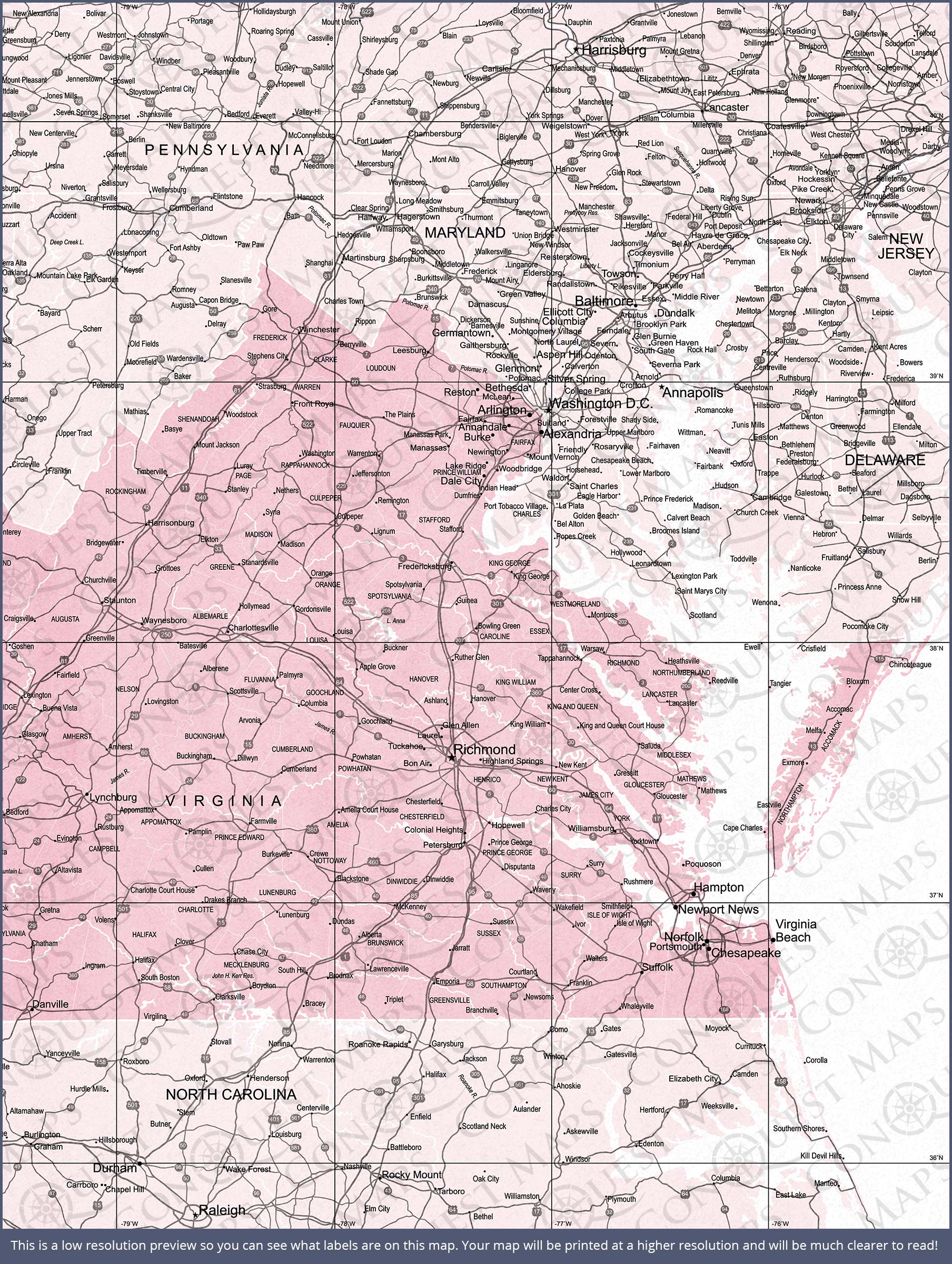 Virginia Map Poster - Pink Color Splash CM Poster