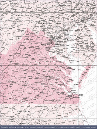 Virginia Map Poster - Pink Color Splash CM Poster