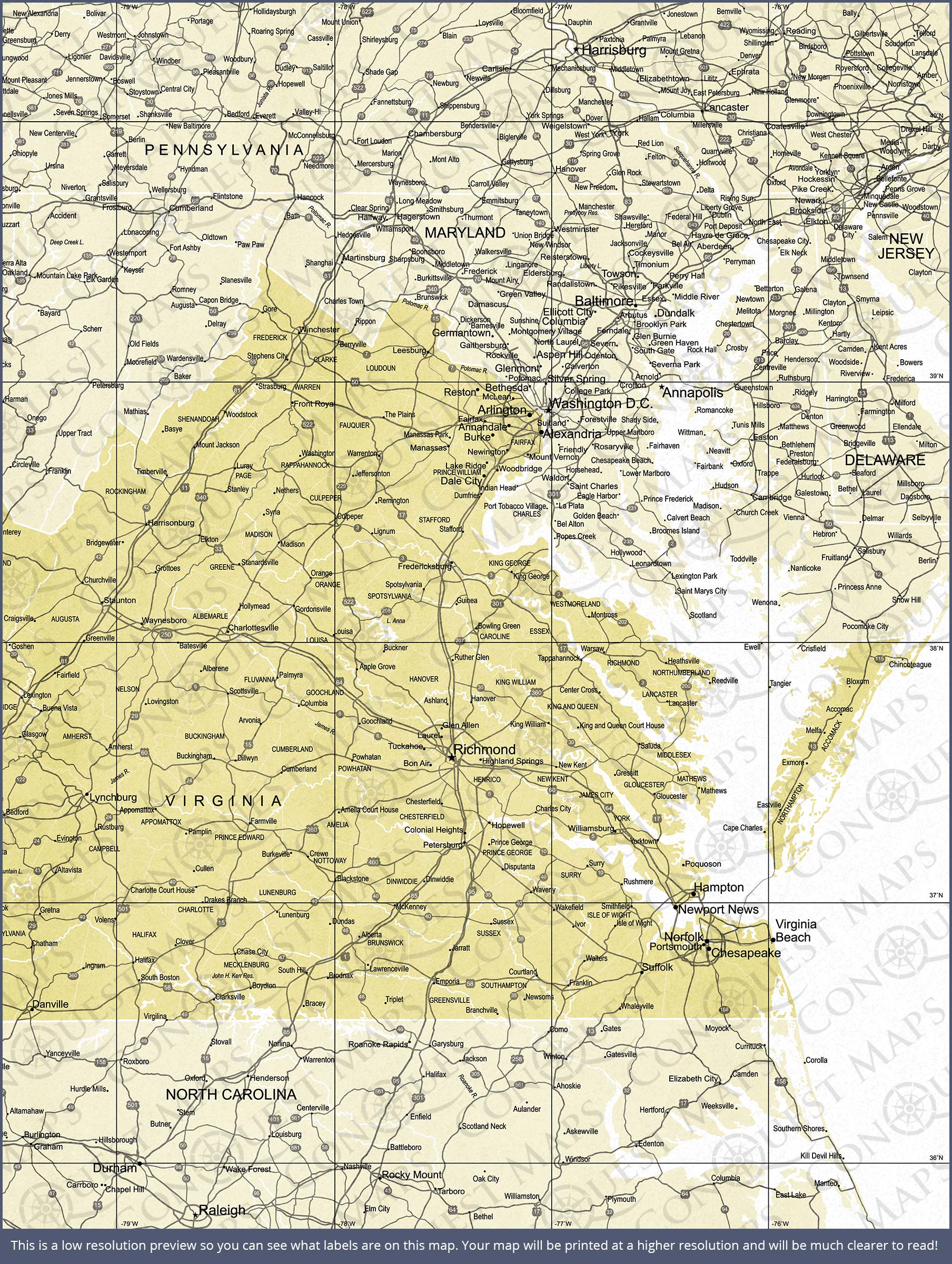 Virginia Map Poster - Yellow Color Splash CM Poster