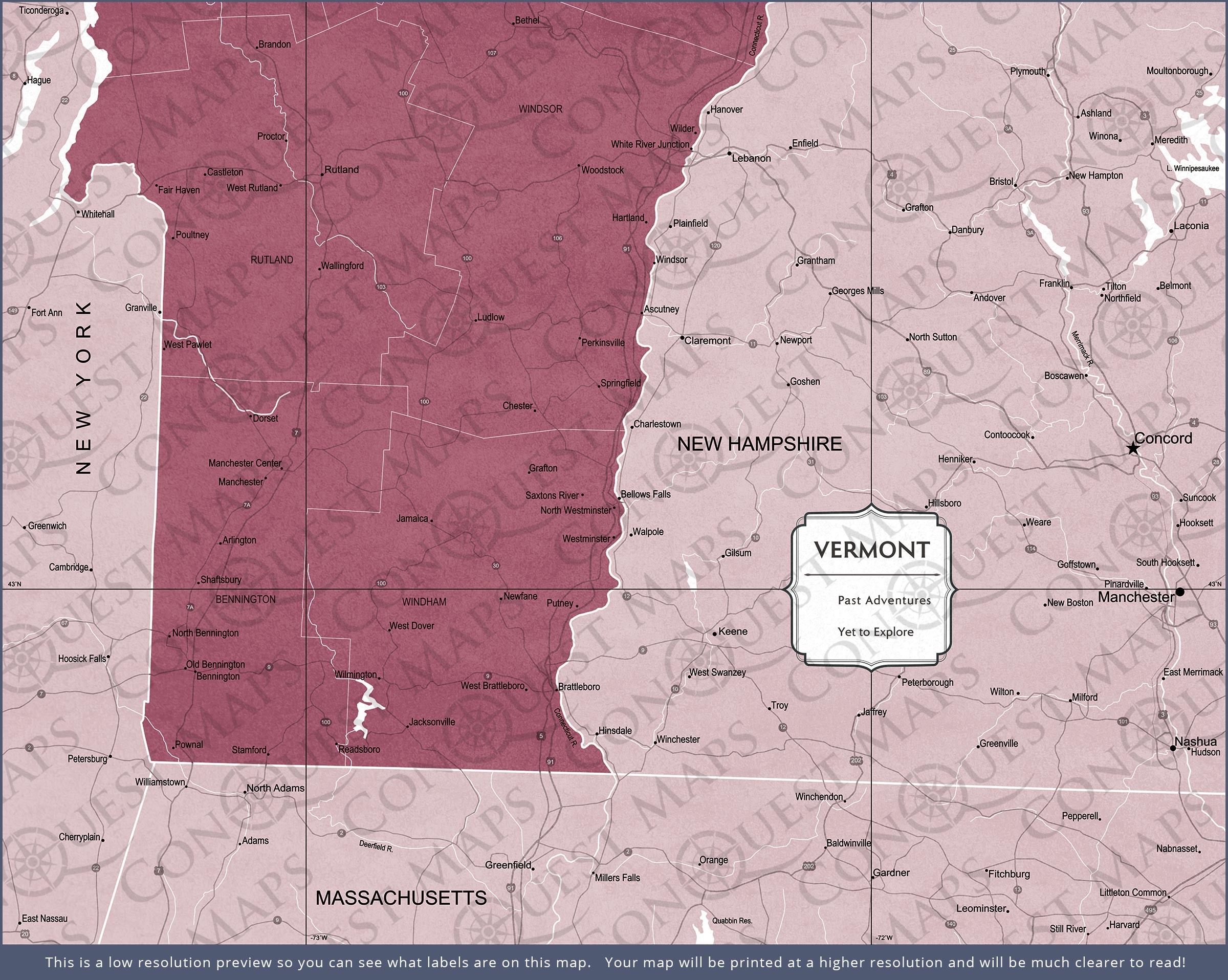 Vermont Map Poster - Burgundy Color Splash CM Poster