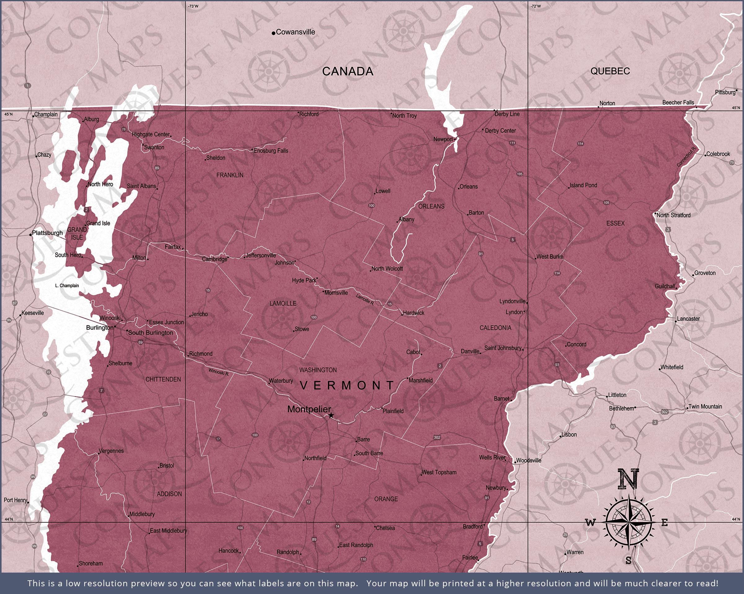 Vermont Map Poster - Burgundy Color Splash CM Poster