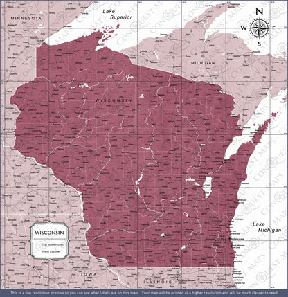 Push Pin Wisconsin Map (Pin Board) - Burgundy Color Splash CM Pin Board