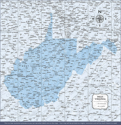 West Virginia Map Poster - Light Blue Color Splash CM Poster