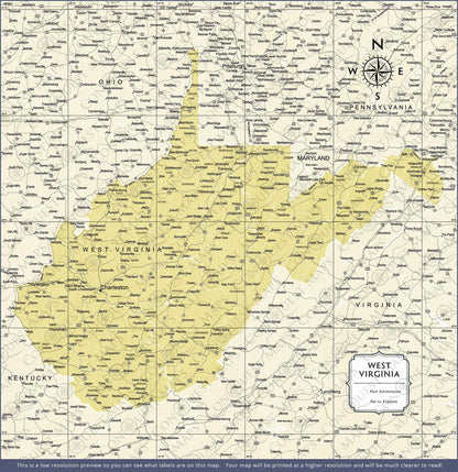 West Virginia Map Poster - Yellow Color Splash CM Poster