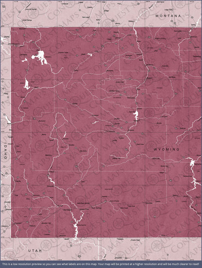 Push Pin Wyoming Map (Pin Board) - Burgundy Color Splash CM Pin Board