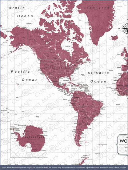 Push Pin World Map (Pin Board) - Burgundy Color Splash CM Pin Board