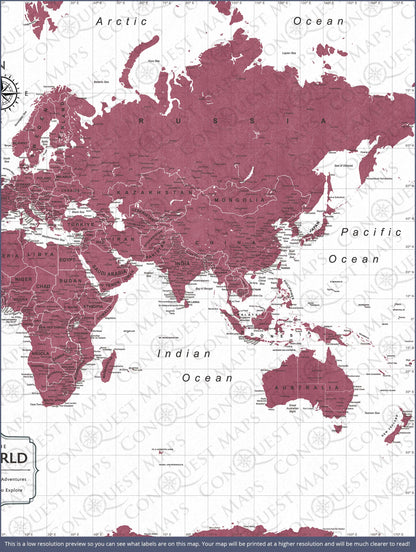 Push Pin World Map (Pin Board) - Burgundy Color Splash CM Pin Board