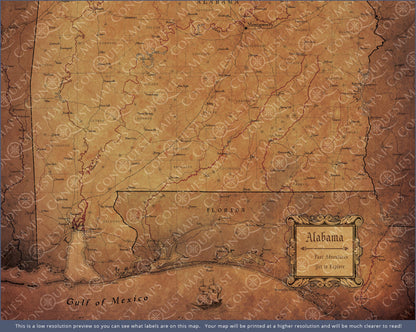 Alabama Map Poster - Golden Aged CM Poster