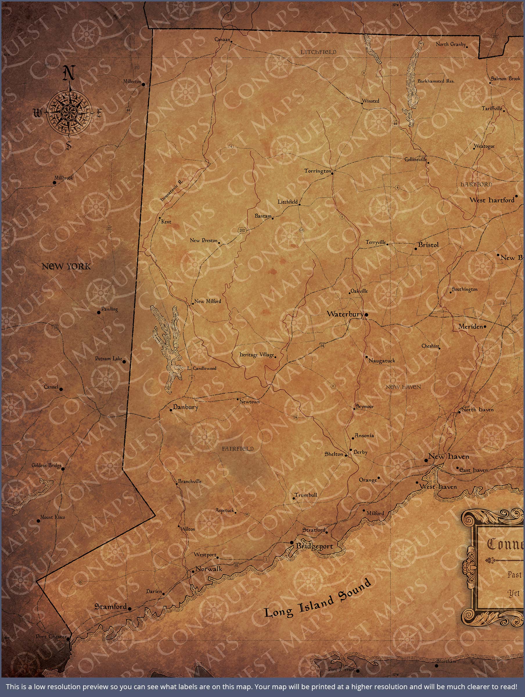 Connecticut Map Poster - Golden Aged CM Poster