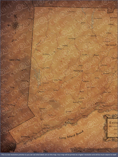 Connecticut Map Poster - Golden Aged CM Poster