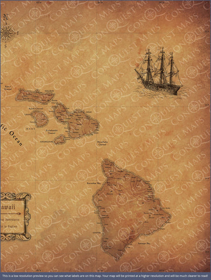 Hawaii Map Poster - Golden Aged CM Poster