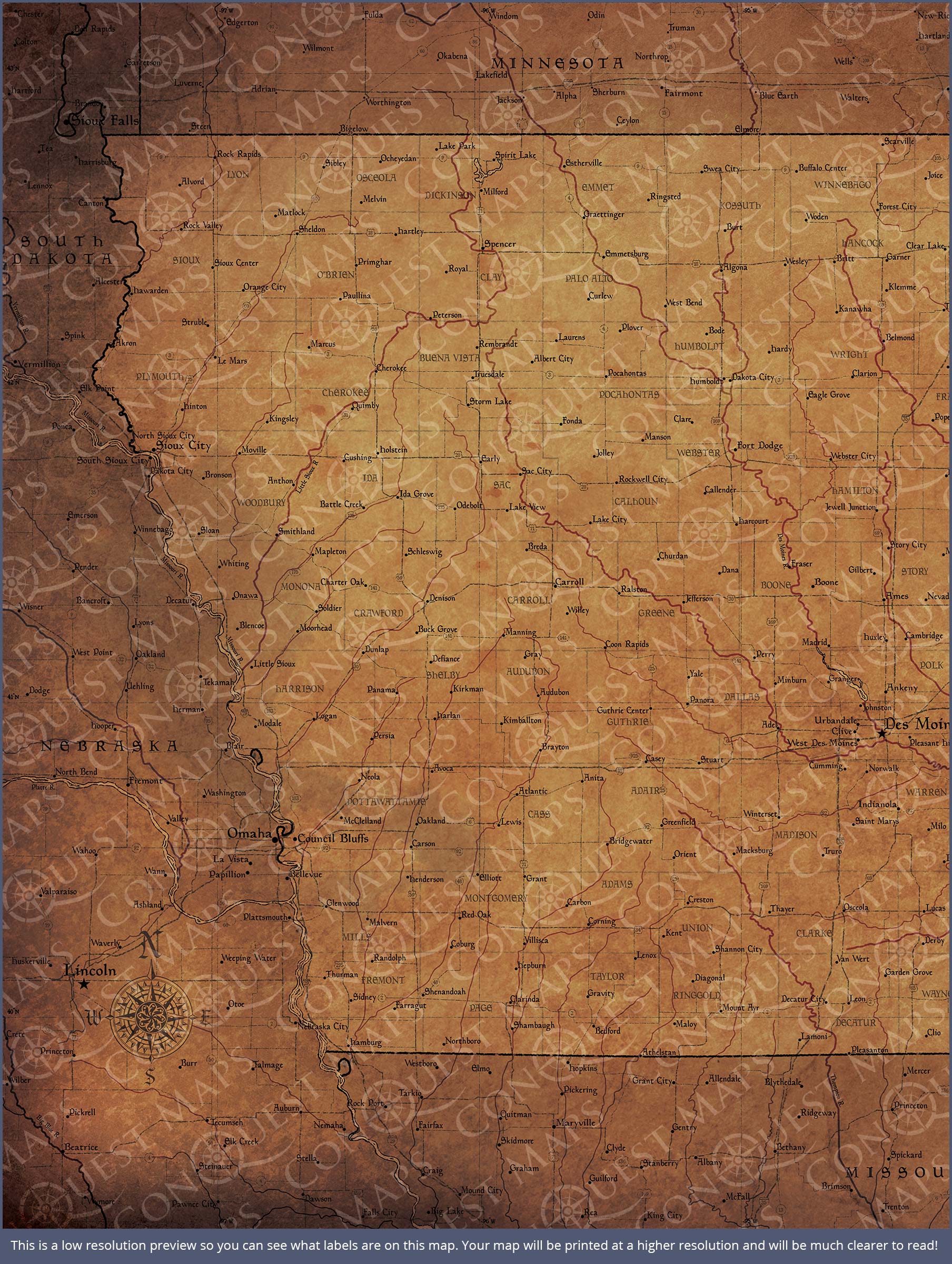 Iowa Map Poster - Golden Aged CM Poster