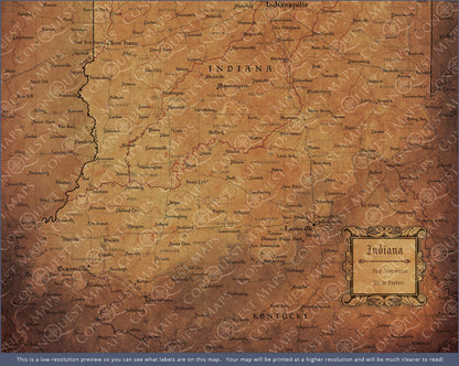 Indiana Map Poster - Golden Aged CM Poster