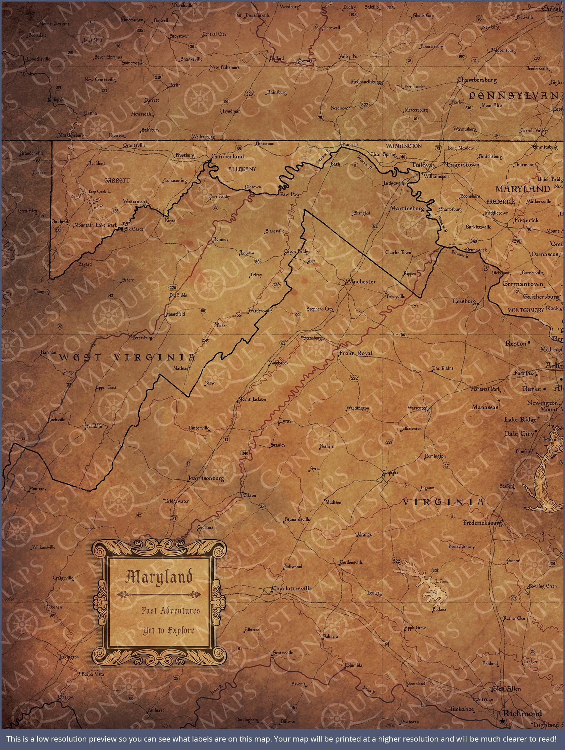 Maryland Map Poster - Golden Aged CM Poster