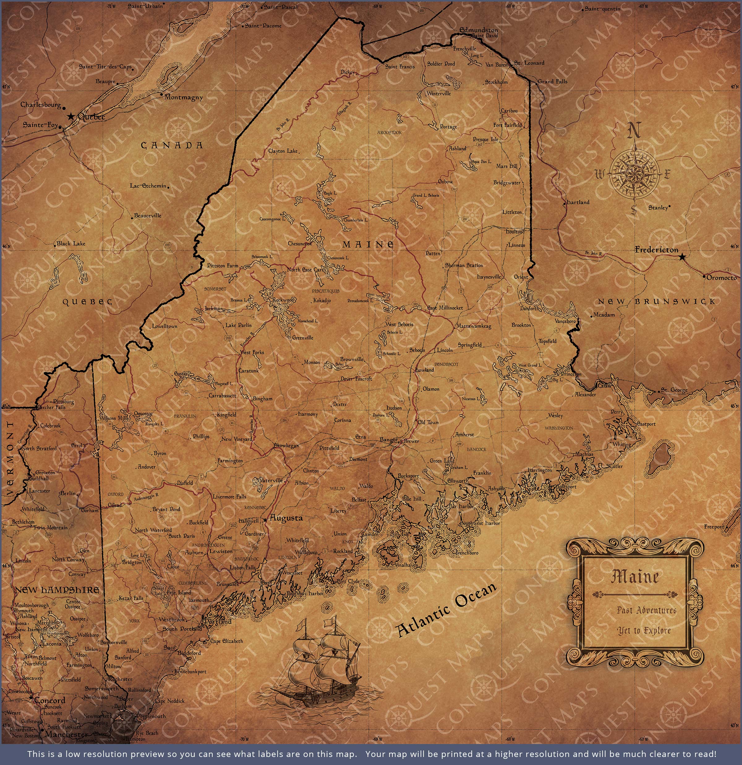 Maine Map Poster - Golden Aged CM Poster