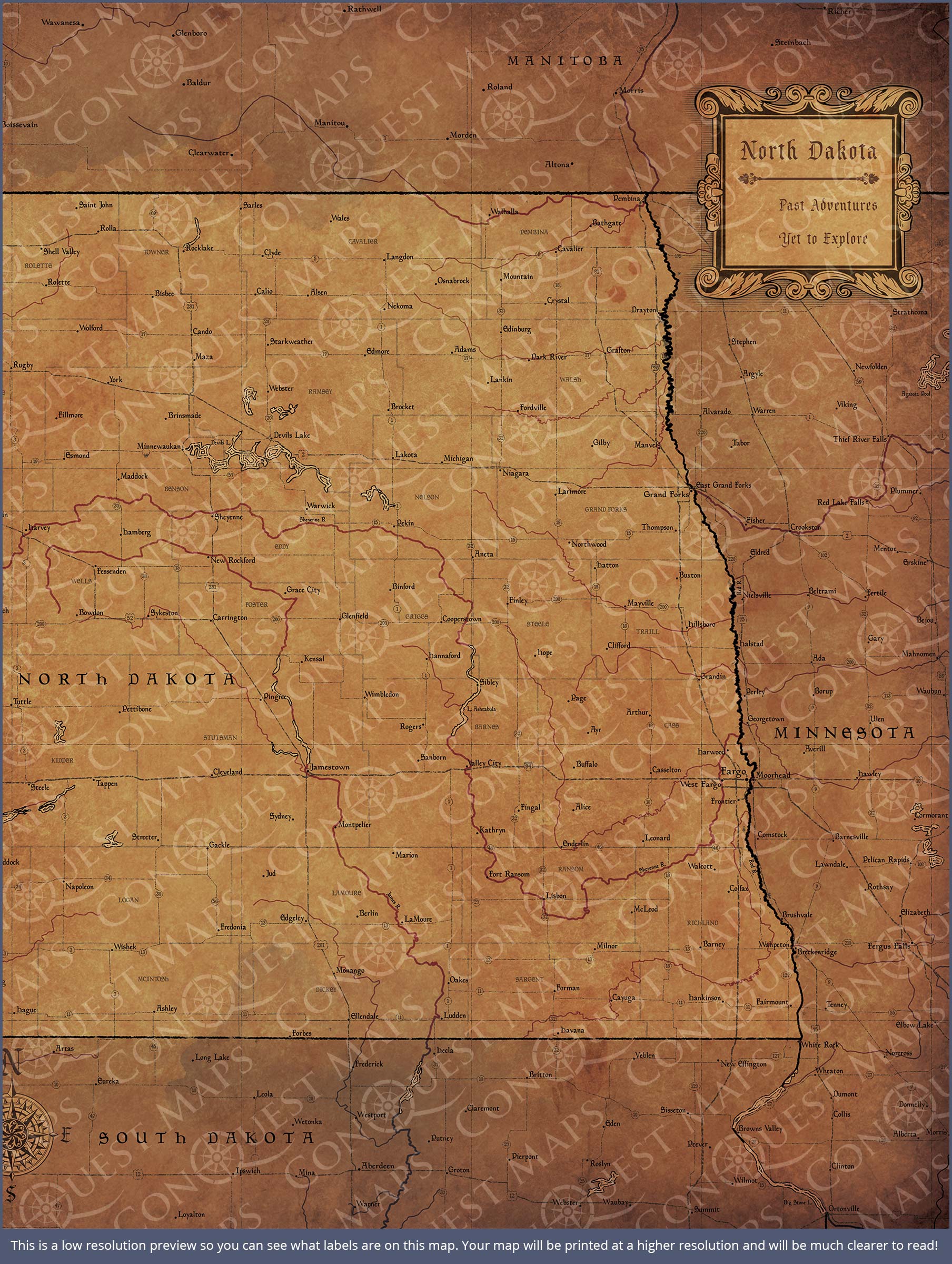 North Dakota Map Poster - Golden Aged CM Poster