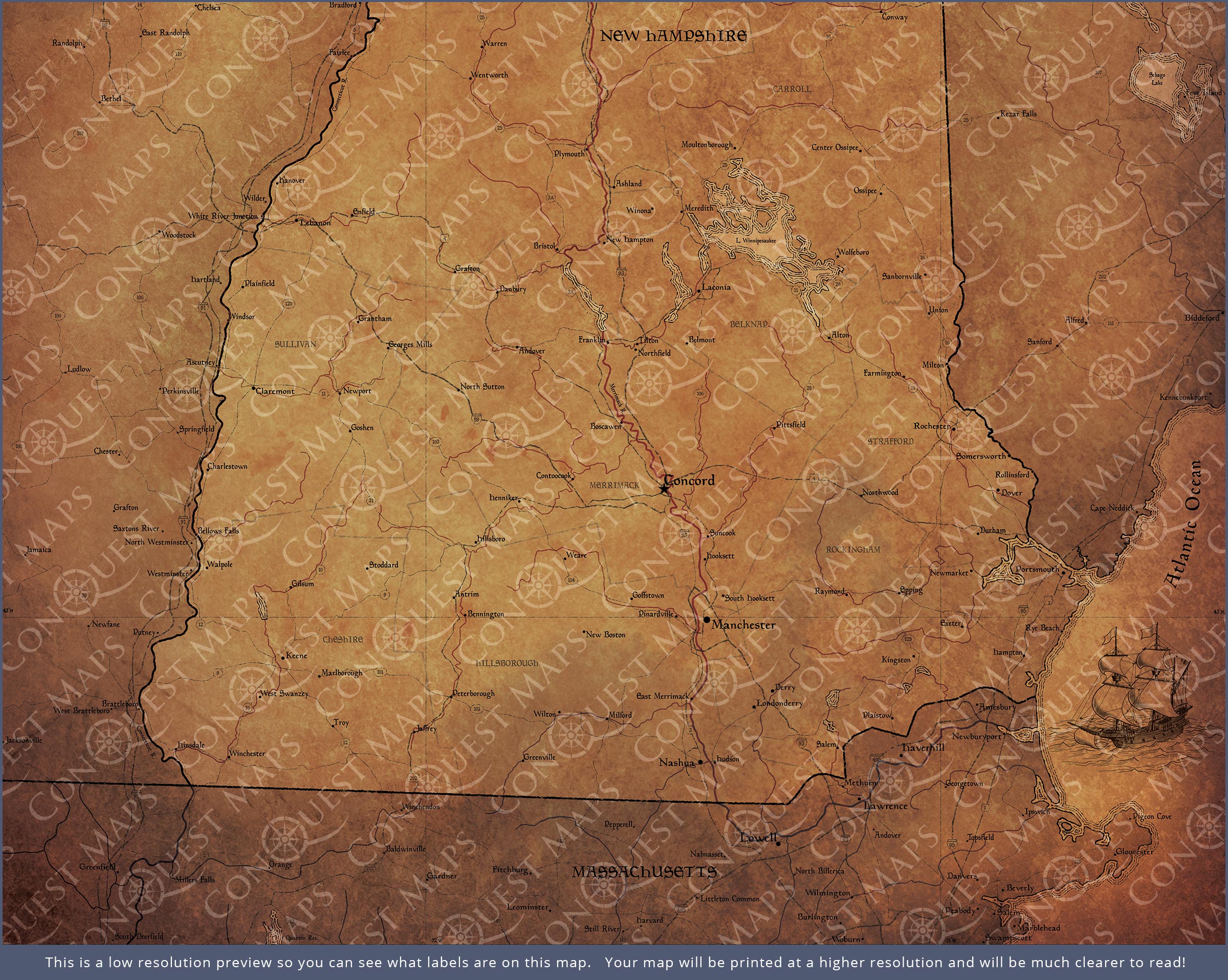 New Hampshire Map Poster - Golden Aged CM Poster