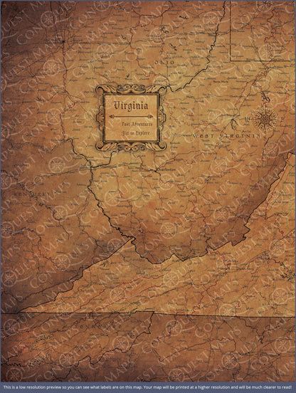 Push Pin Virginia Map (Pin Board) - Golden Aged CM Pin Board