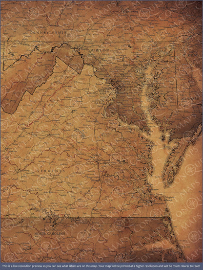 Virginia Map Poster - Golden Aged CM Poster