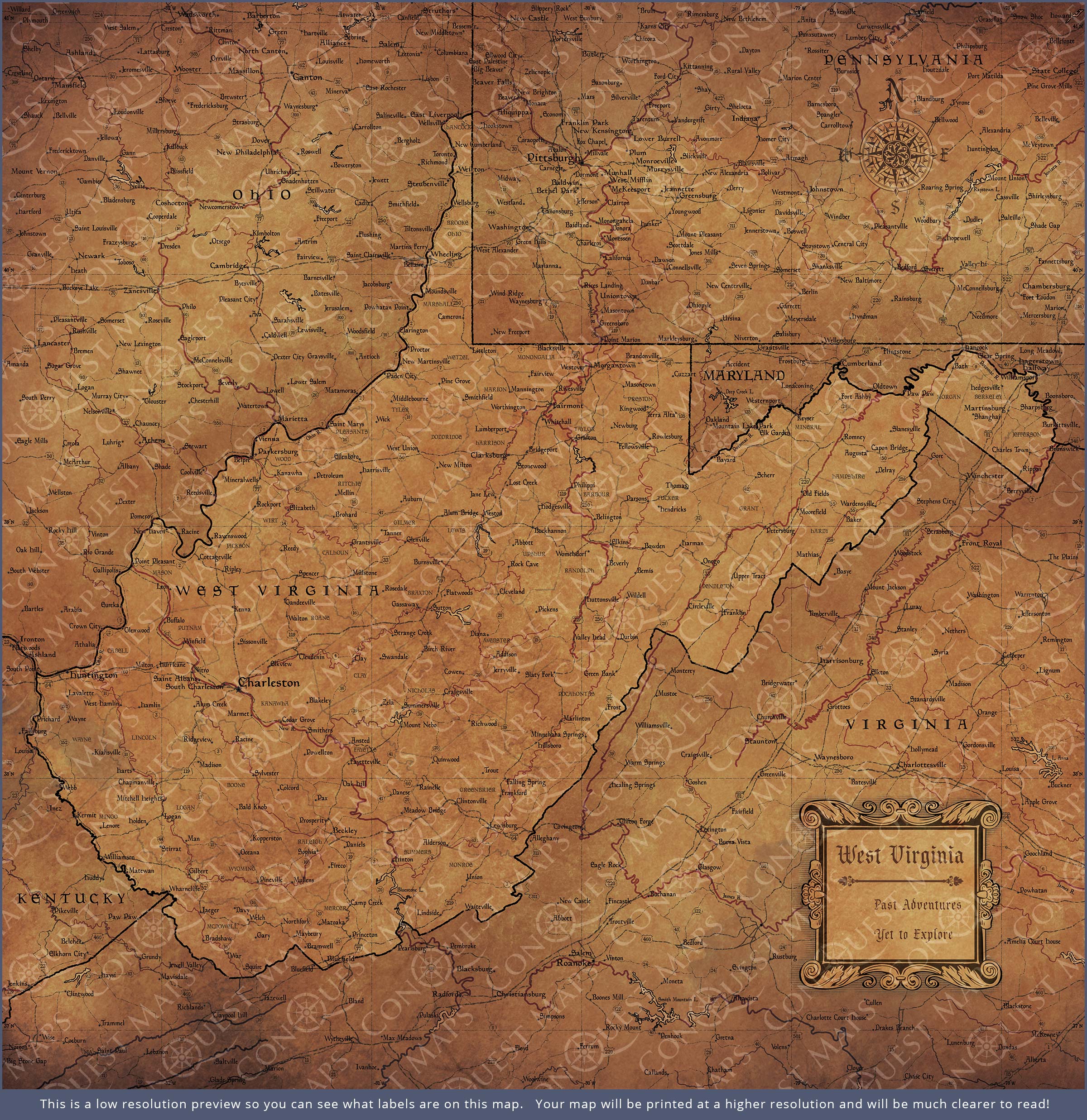 West Virginia Map Poster - Golden Aged CM Poster