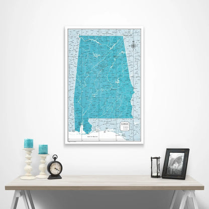 Alabama Map Poster - Teal Color Splash CM Poster