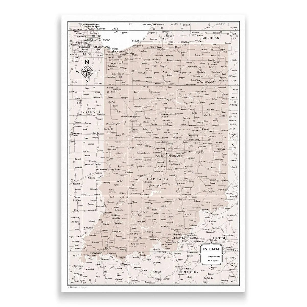 Push Pin Indiana Map (Pin Board) - Light Brown Color Splash CM Pin Board