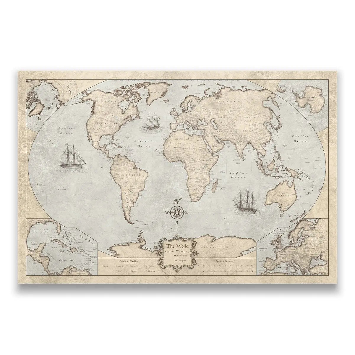 Push Pin World (Winkel Tripel) Map (Pin Board) - Rustic Vintage CM Pin Board