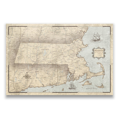 Push Pin Massachusetts Map (Pin Board) - Rustic Vintage CM Pin Board