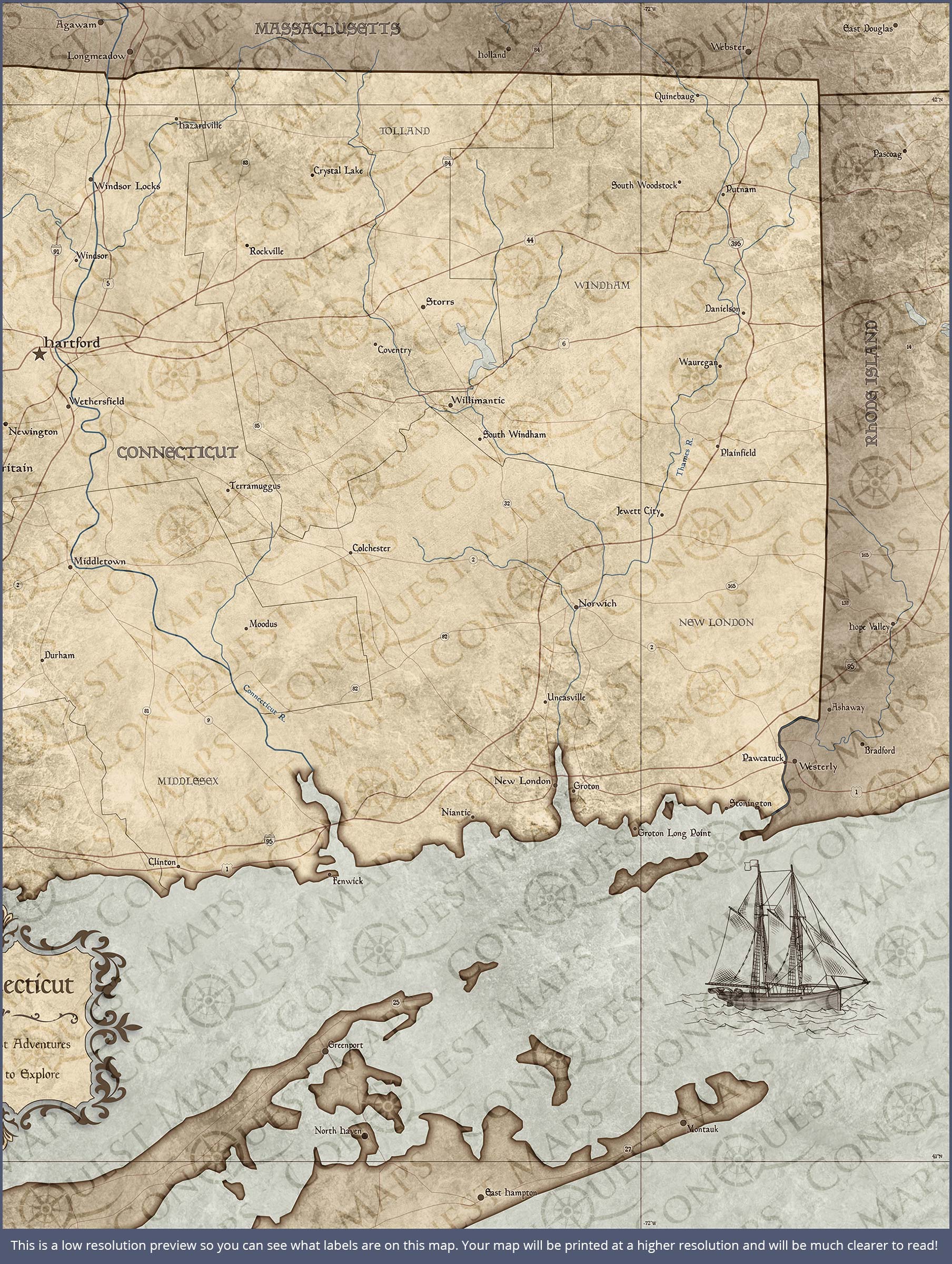 Connecticut Map Poster - Rustic Vintage CM Poster